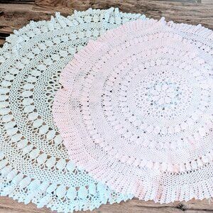 VTG Lot of 2 Hand-Crochet Round Tablecloths Table Topper White Pink 49” 43"